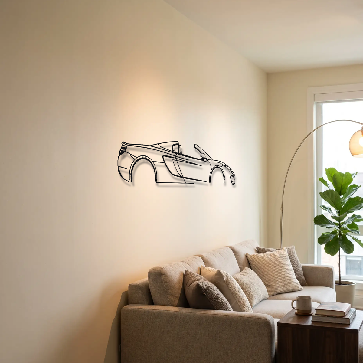 McLaren 12C Spider metal wall art above a sofa in a living room