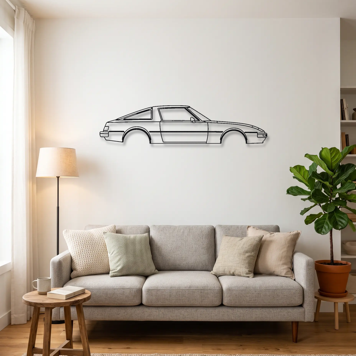 Mazda RX-7 FB metal wall art above a sofa in a living room