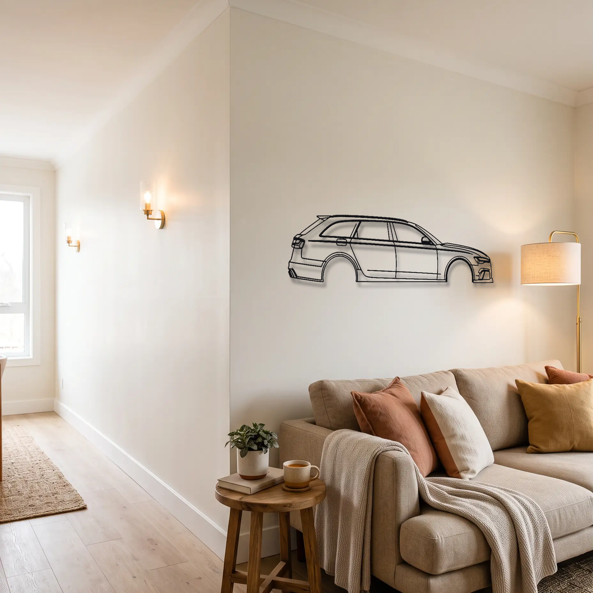 Audi RS6 Avant C7 metal wall art above a sofa in a living room