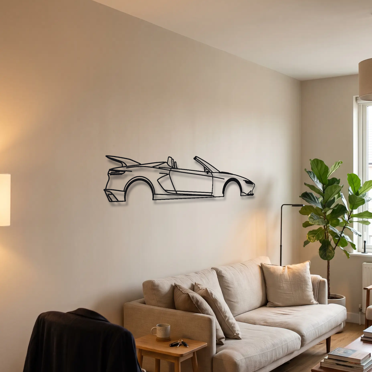 2026- Tesla Roadster Gen 2 metal wall art above a sofa in a living room