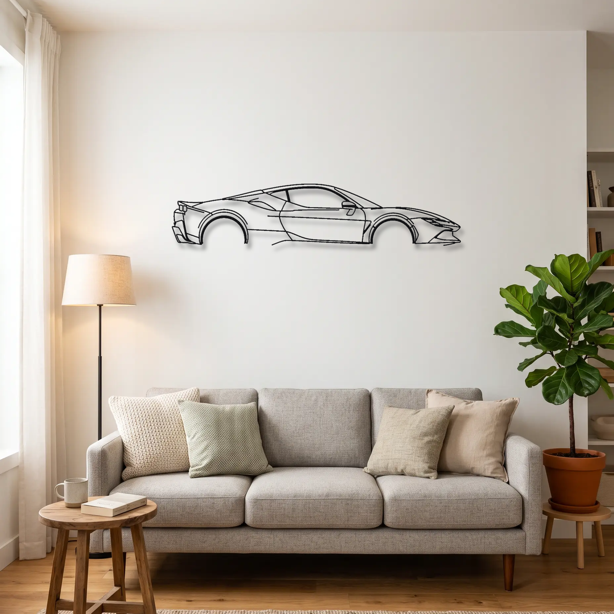 Ferrari SF90 Stradale metal wall art above a sofa in a living room
