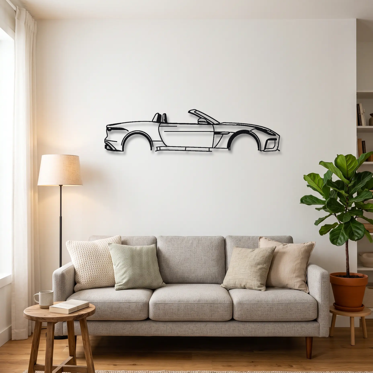 2016-20 Jaguar F-Type SVR Convertible X152 metal wall art above a sofa in a living room
