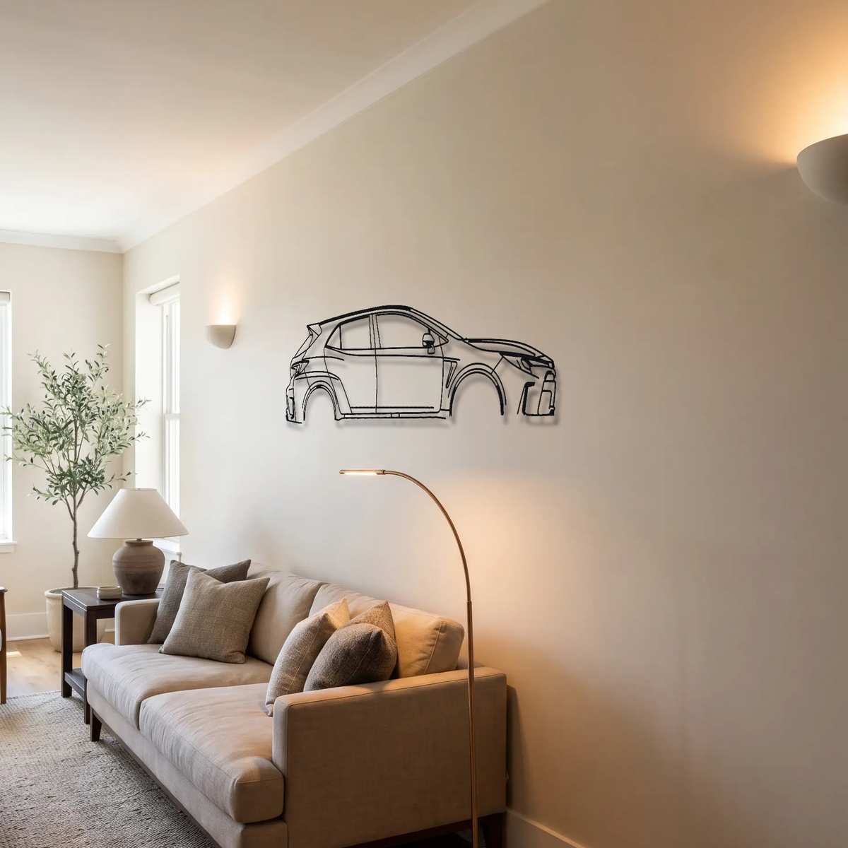 Toyota GR Corolla metal wall art above a sofa in a living room