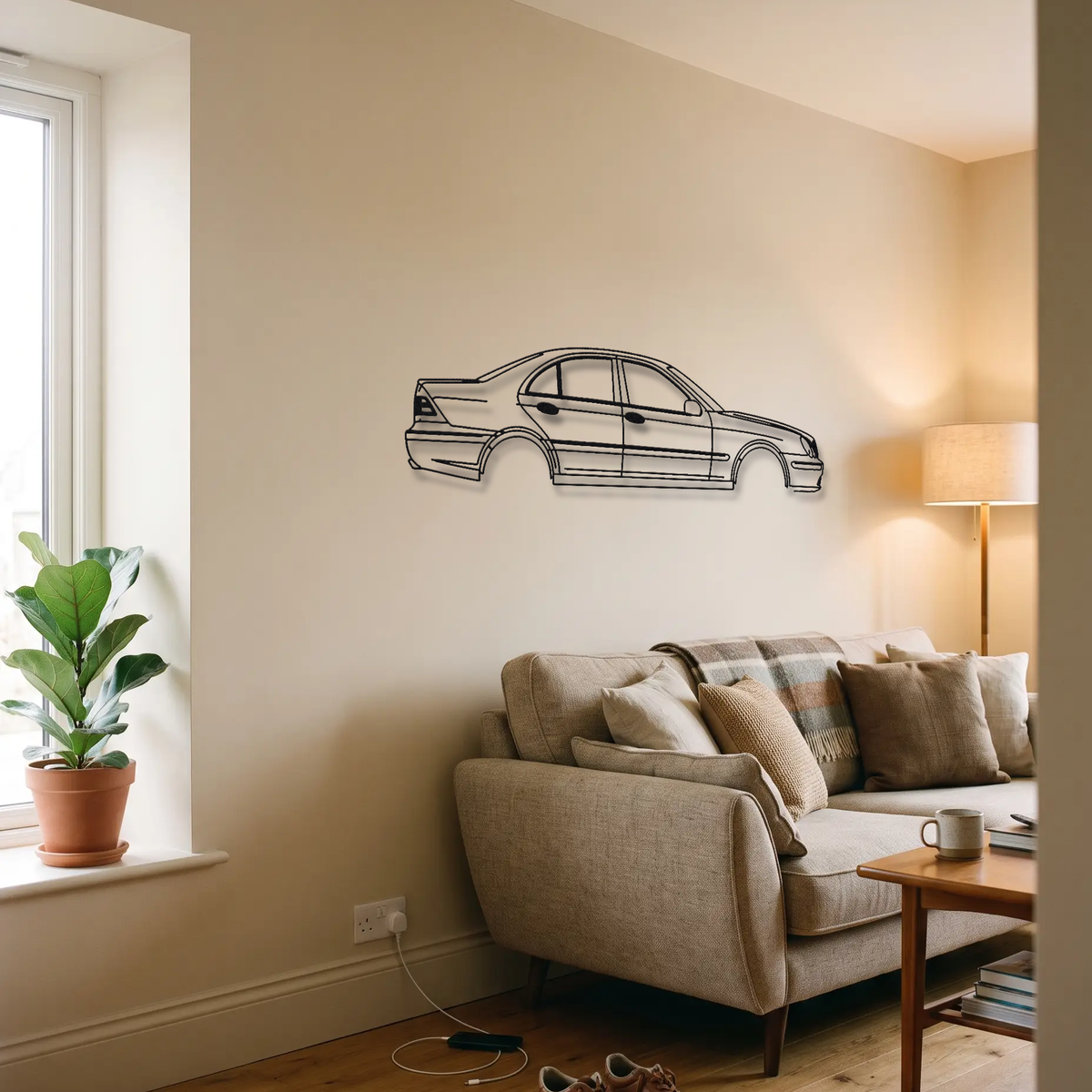 Mercedes-Benz C55 AMG W203 metal wall art above a sofa in a living room