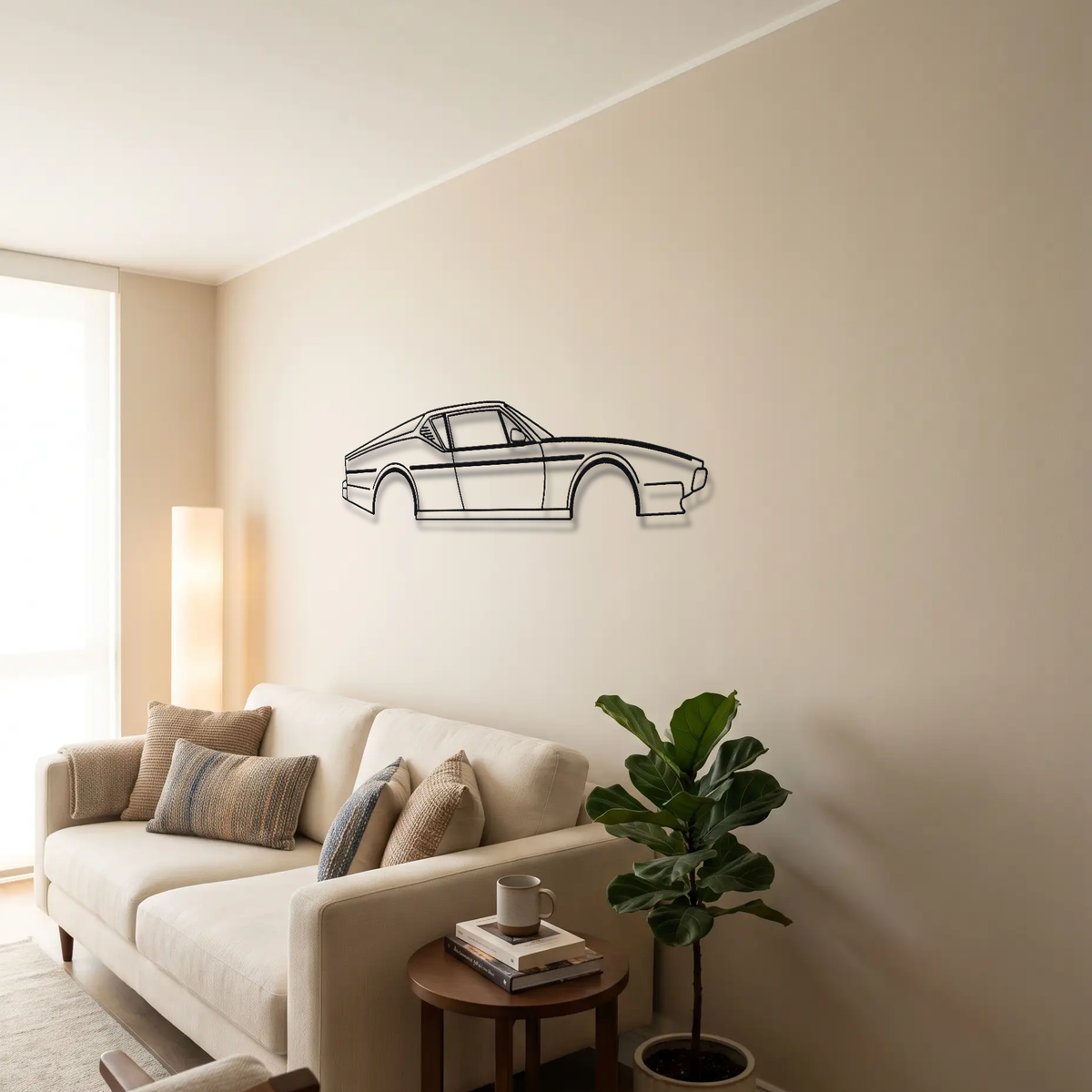 1990-1993 De Tomaso Pantera metal wall art above a sofa in a living room