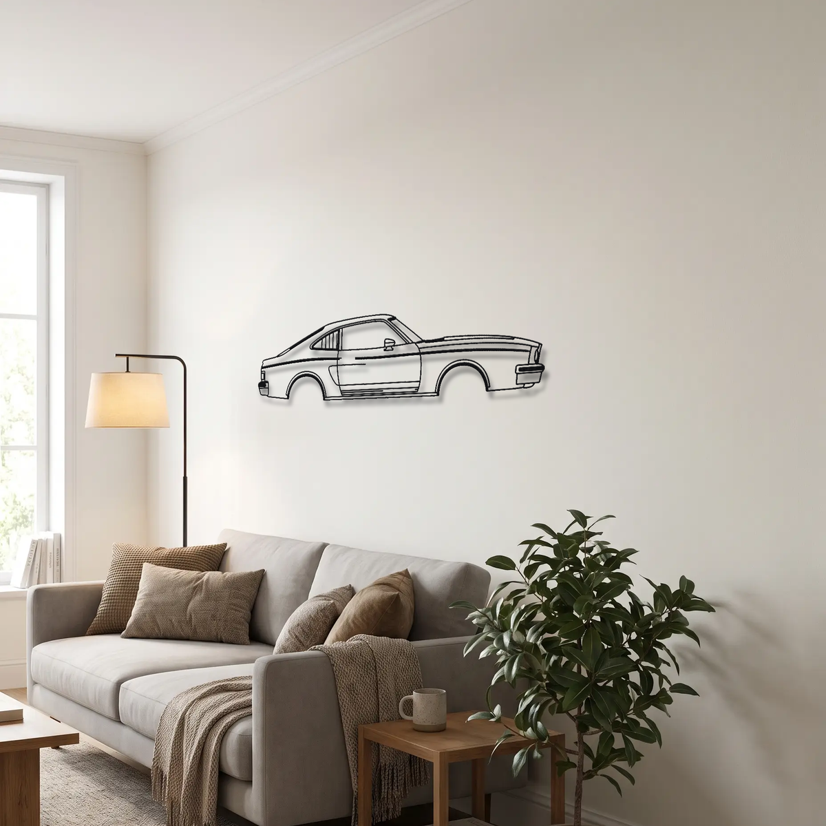 Ford Mustang II King Cobra metal wall art above a sofa in a living room