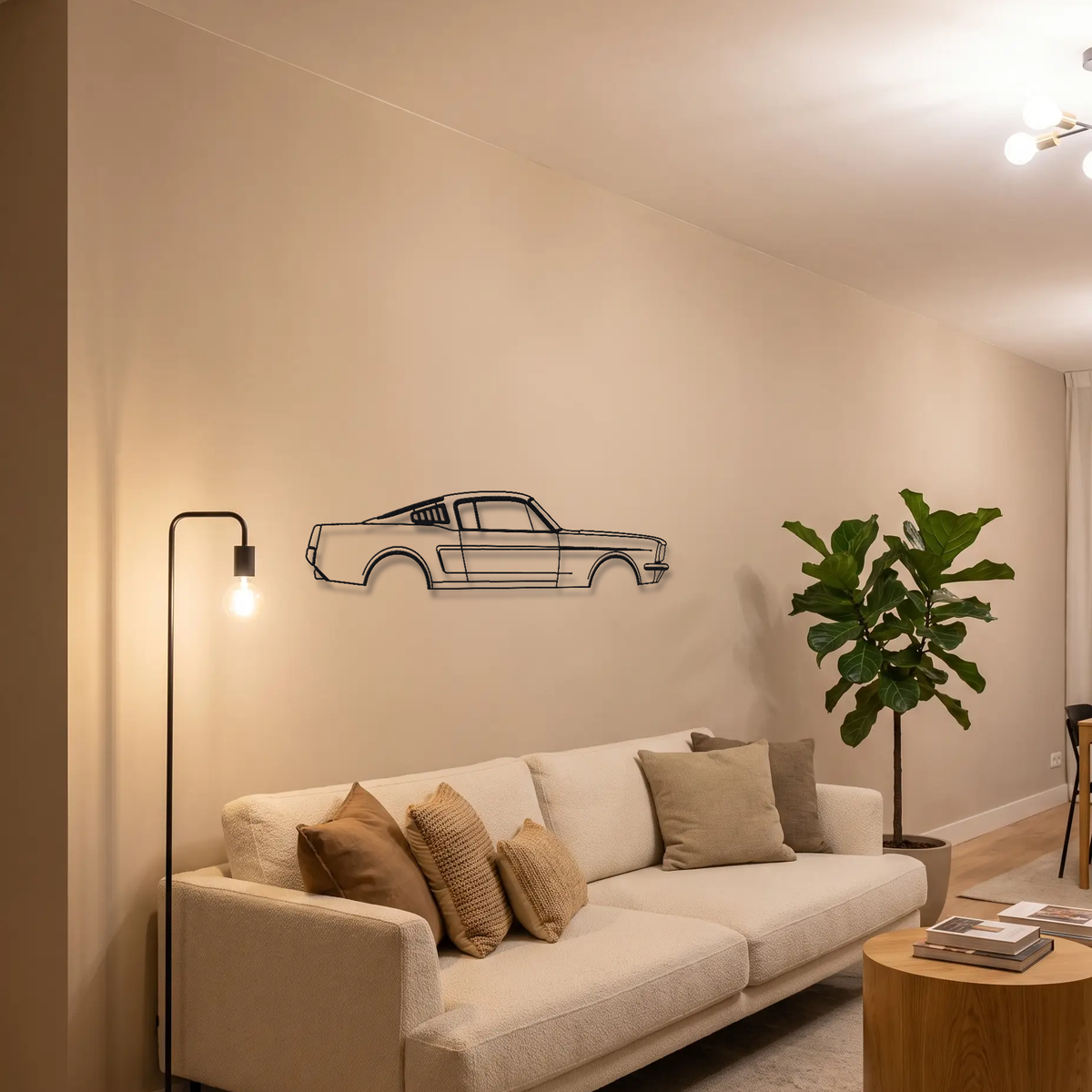 1965-1966 Ford Mustang Fastback 2+2 metal wall art above a sofa in a living room