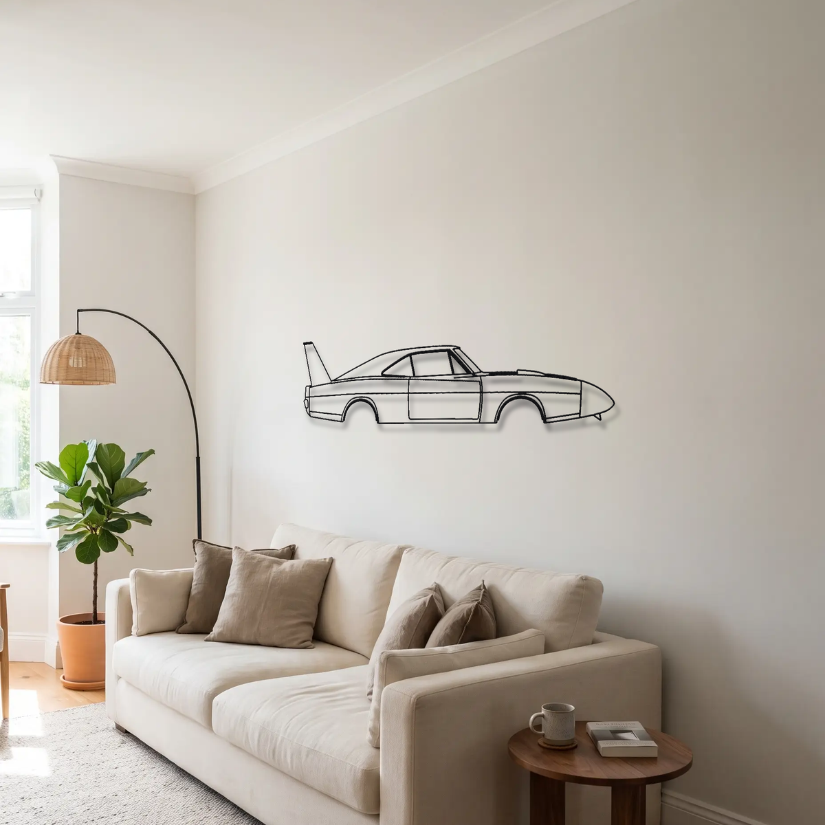 1969 Dodge Charger Daytona metal wall art above a sofa in a living room
