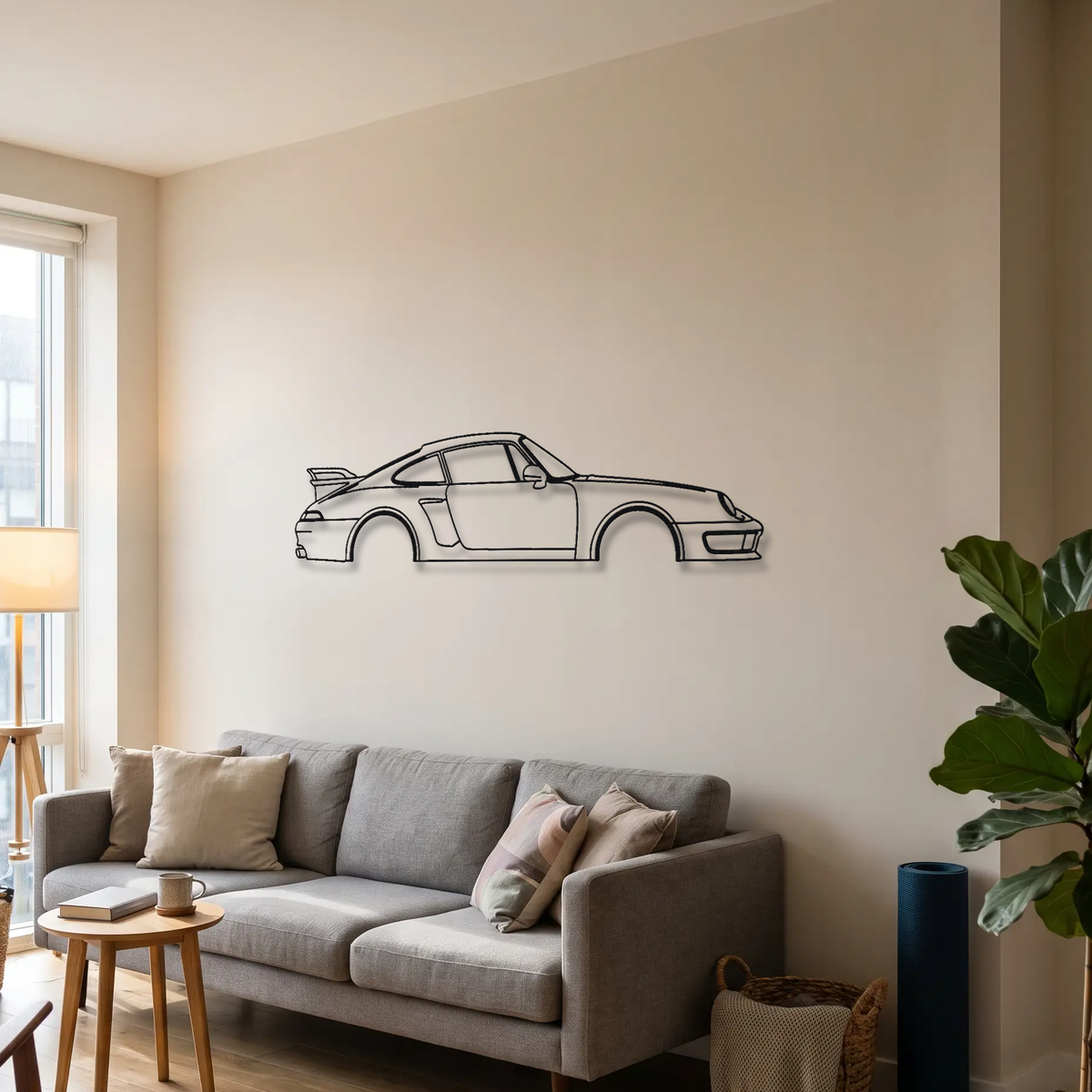 RUF CTR2 993 metal wall art above a sofa in a living room