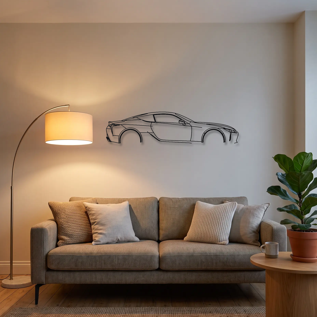 Lexus LC 500 metal wall art above a sofa in a living room