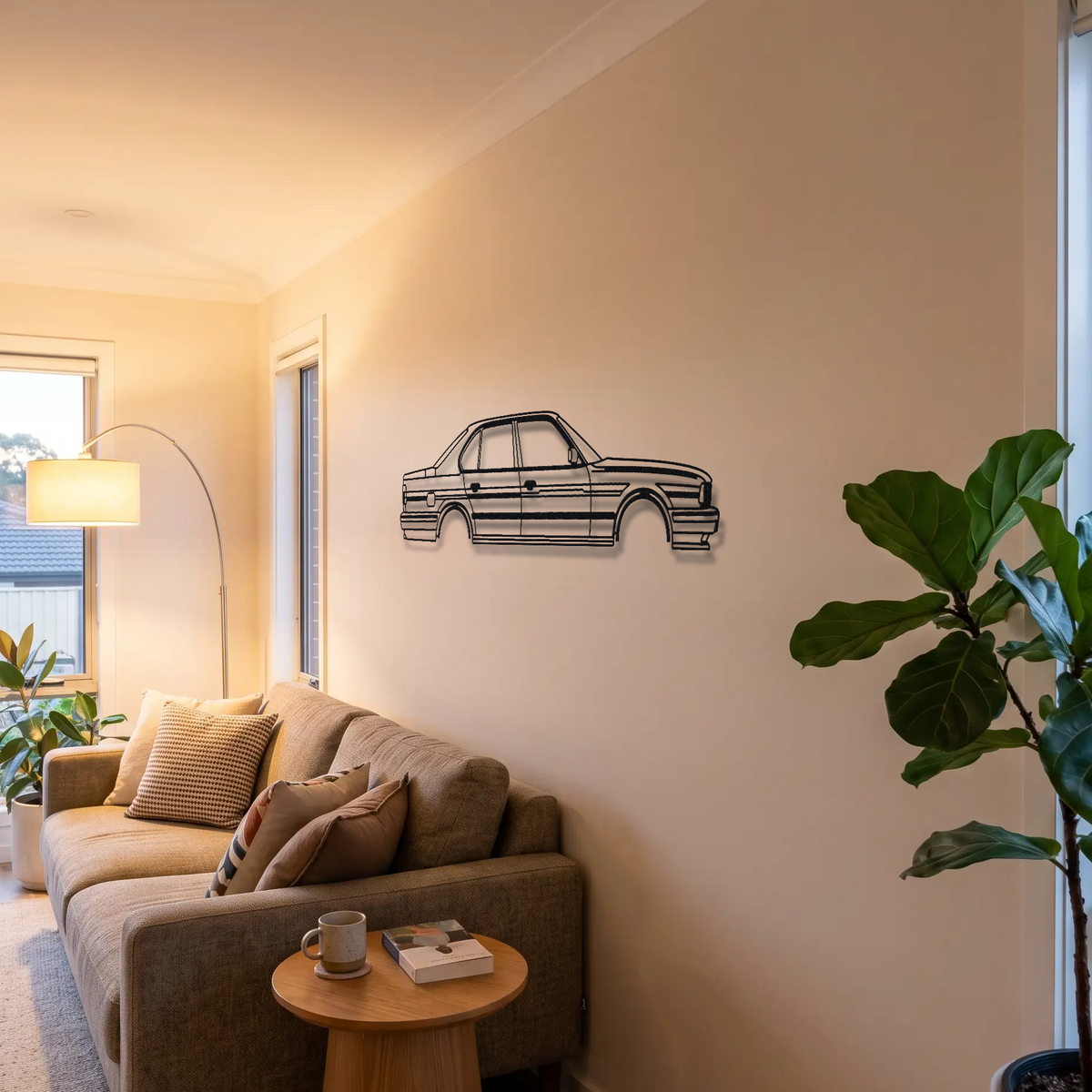 Alpina B10 Bi-Turbo E34 metal wall art above a sofa in a living room