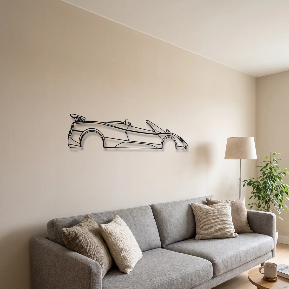 Pagani Zonda F Roadster metal wall art above a sofa in a living room