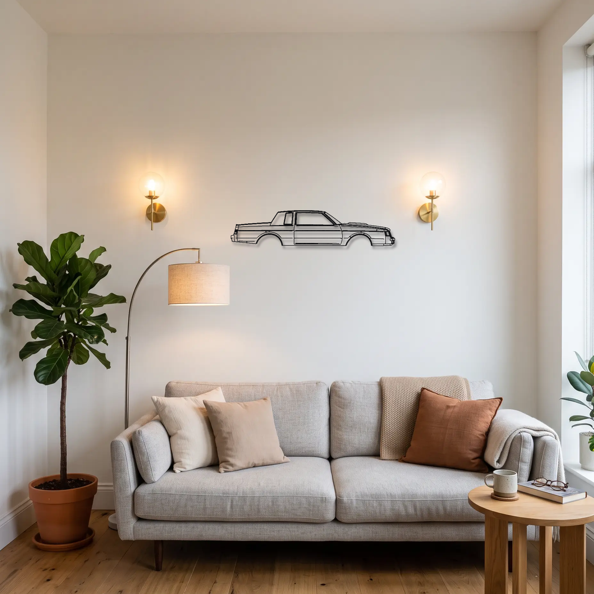 Buick Grand National metal wall art above a sofa in a living room