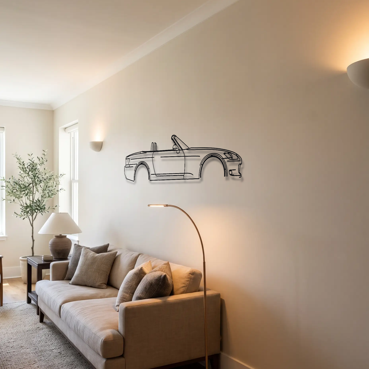 Honda S2000 AP2 metal wall art above a sofa in a living room