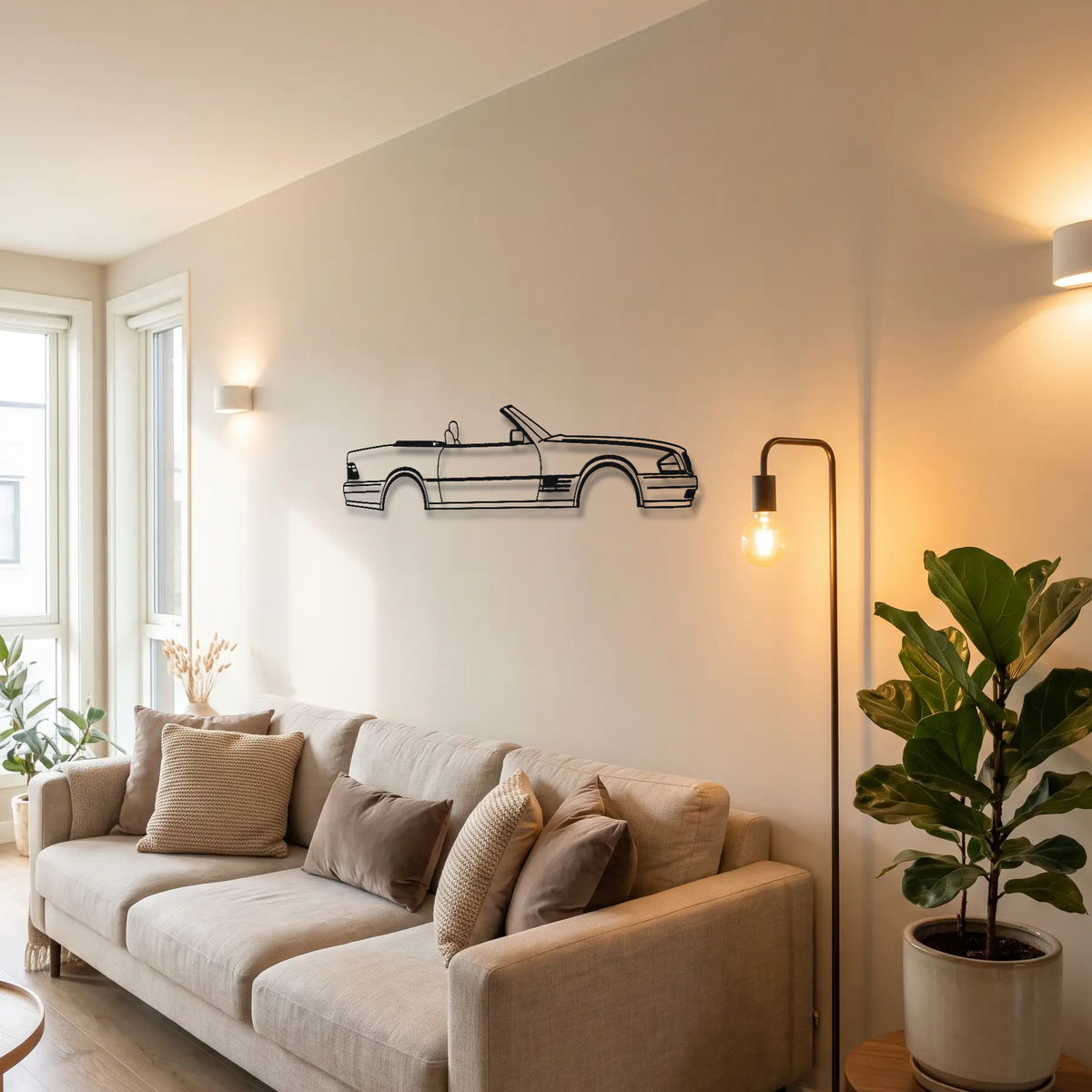 Mercedes-Benz 500 SL R129 metal wall art above a sofa in a living room