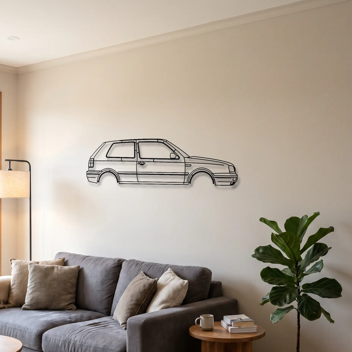 Volkswagen Golf GTI VR6 MK3 metal wall art above a sofa in a living room