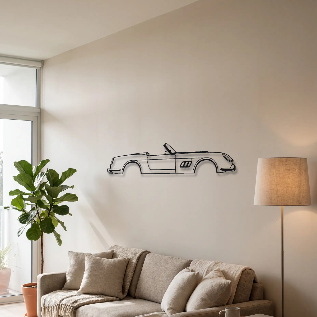 Ferrari 250 GT California Spyder SWB metal wall art above a sofa in a living room