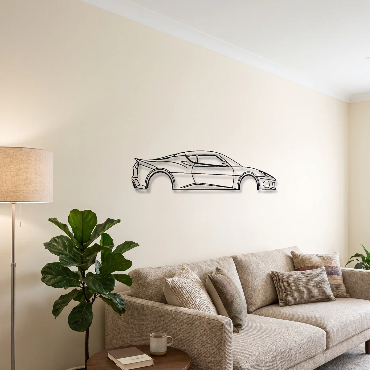 Lotus Evora 400 metal wall art above a sofa in a living room