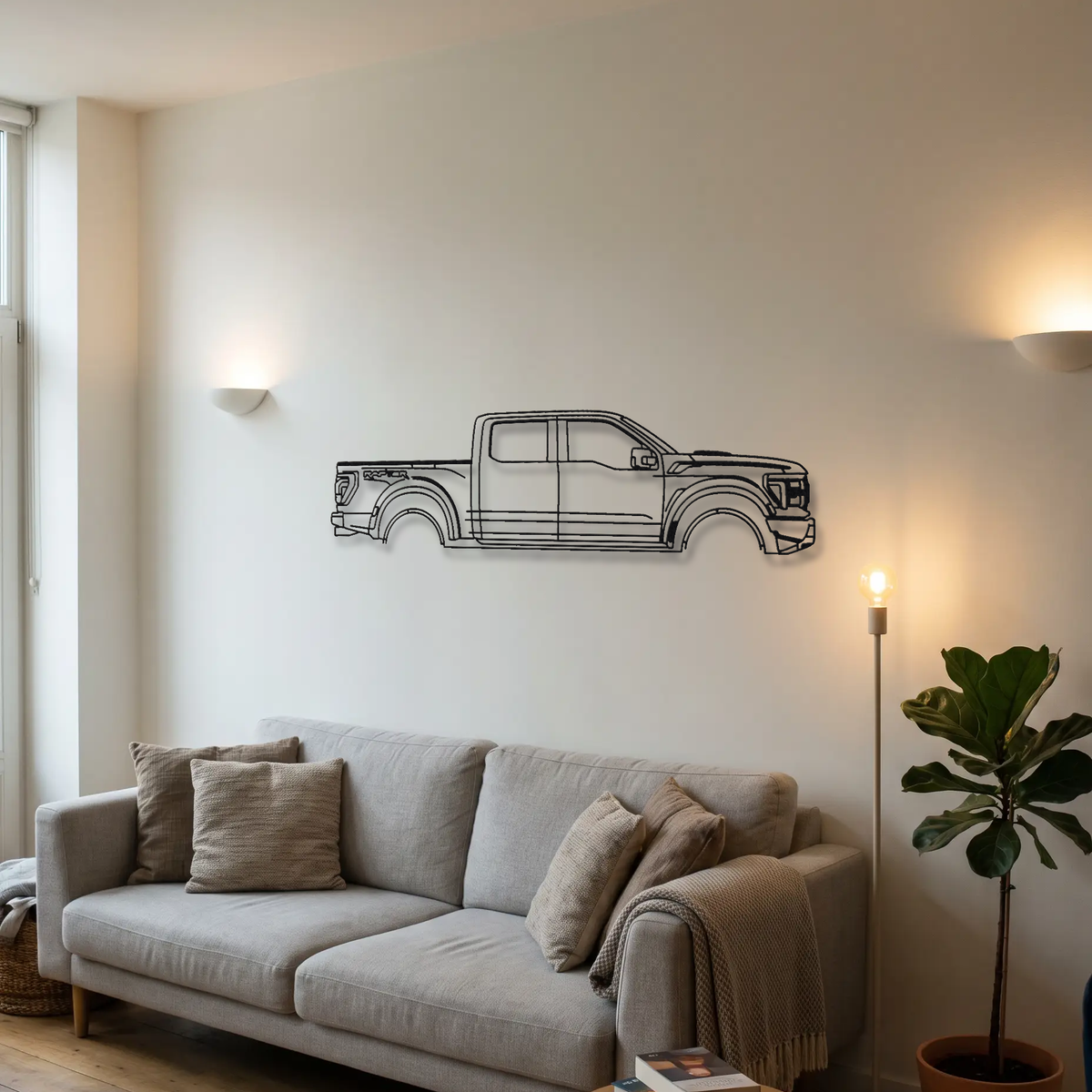 Ford F-150 Raptor Gen 3 metal wall art above a sofa in a living room