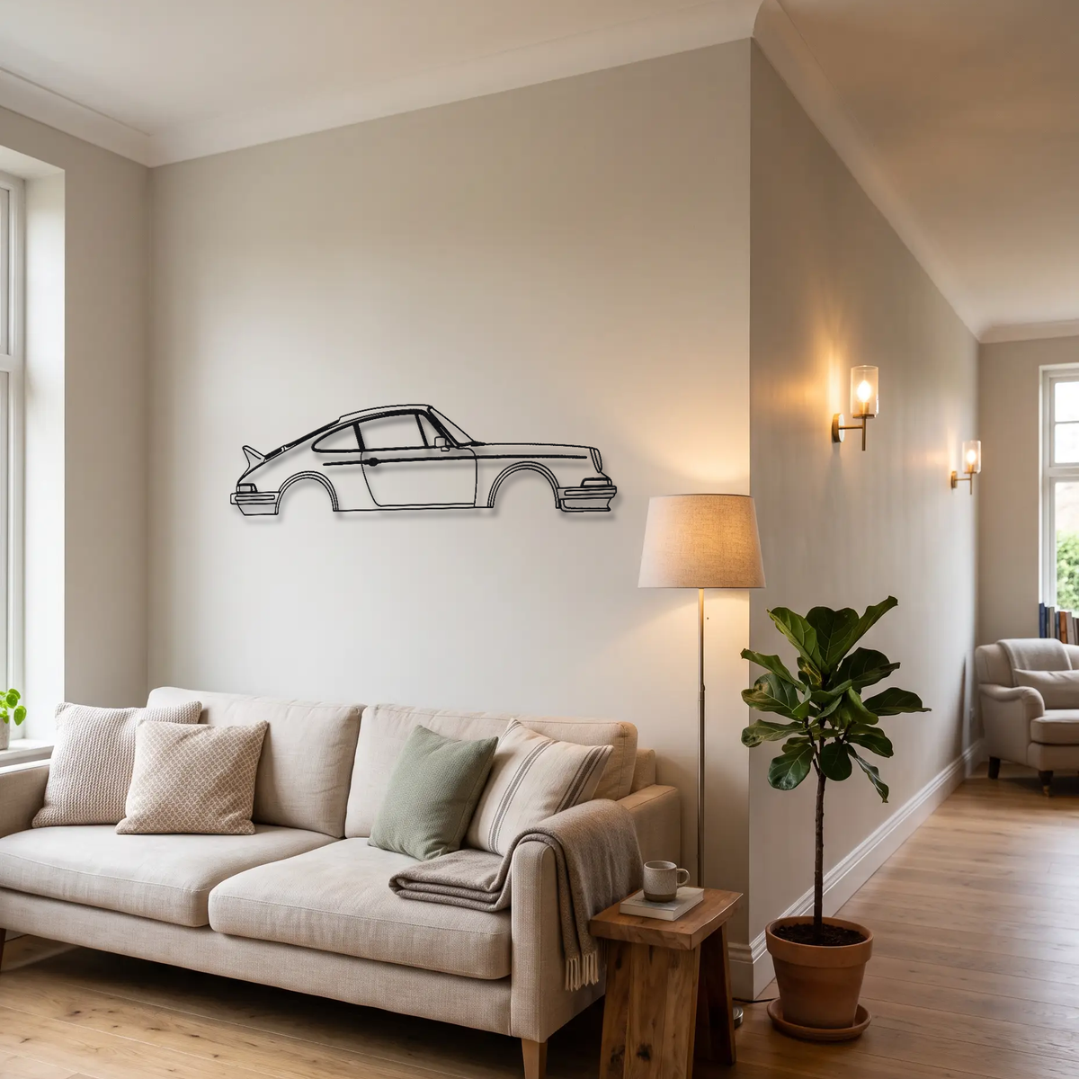 Porsche 911 Carrera RS 2.7 metal wall art above a sofa in a living room