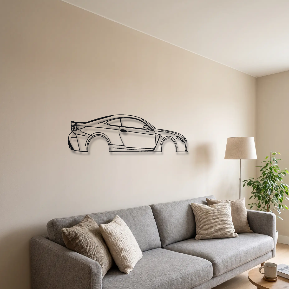 Lexus RC F metal wall art above a sofa in a living room