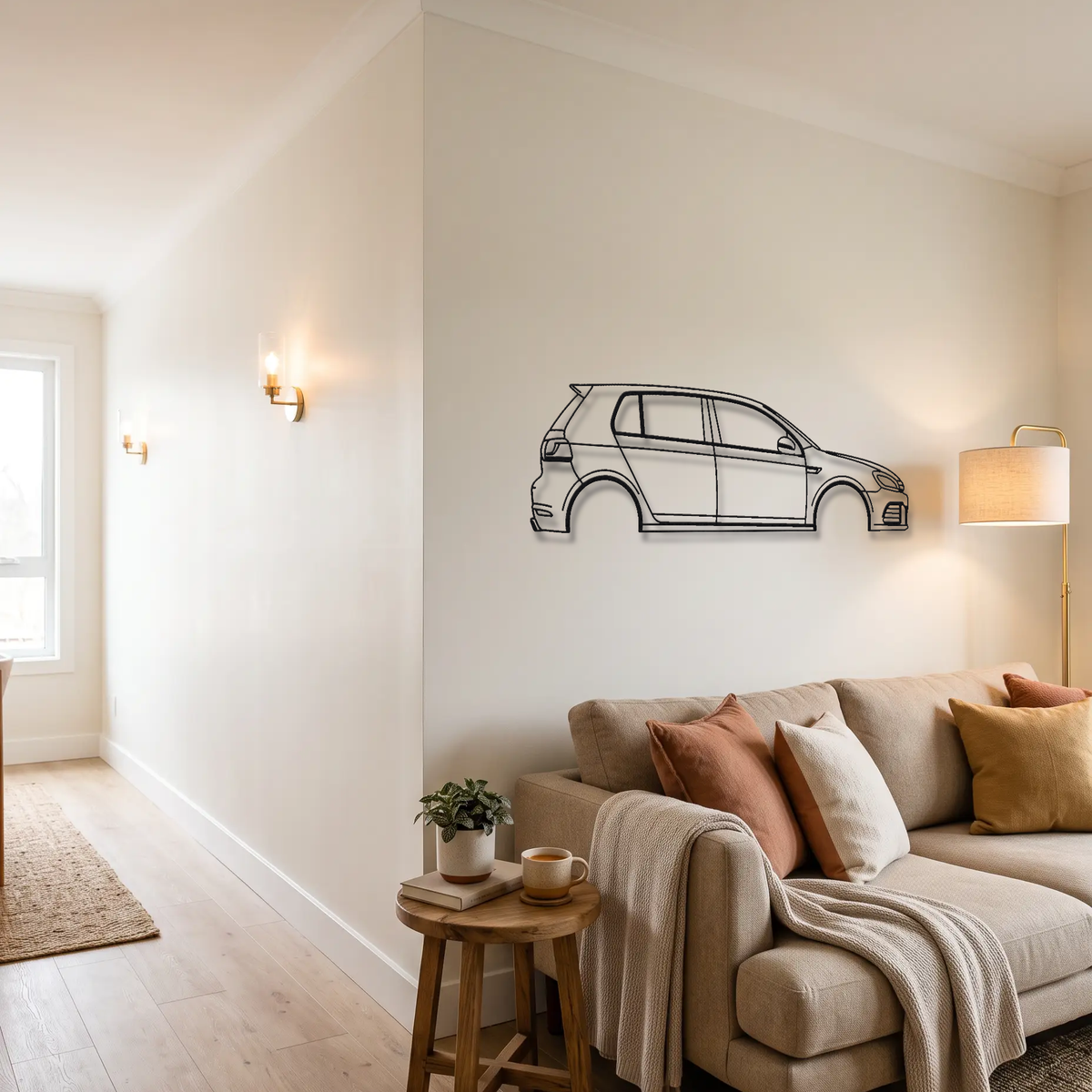 Volkswagen Golf R MK6 metal wall art above a sofa in a living room