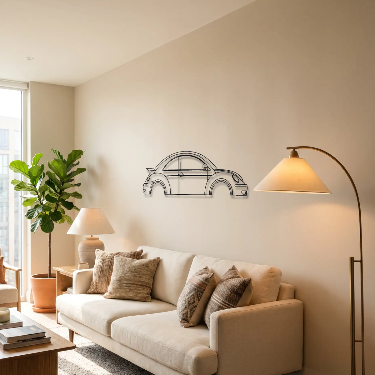 Volkswagen New Beetle RSi metal wall art above a sofa in a living room