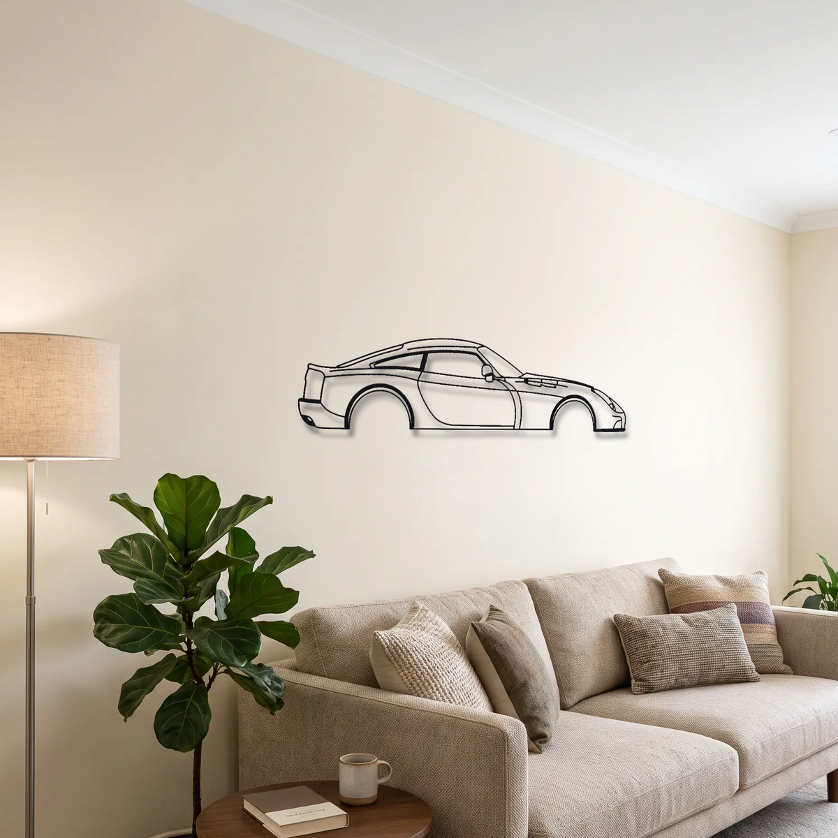 TVR Sagaris metal wall art above a sofa in a living room