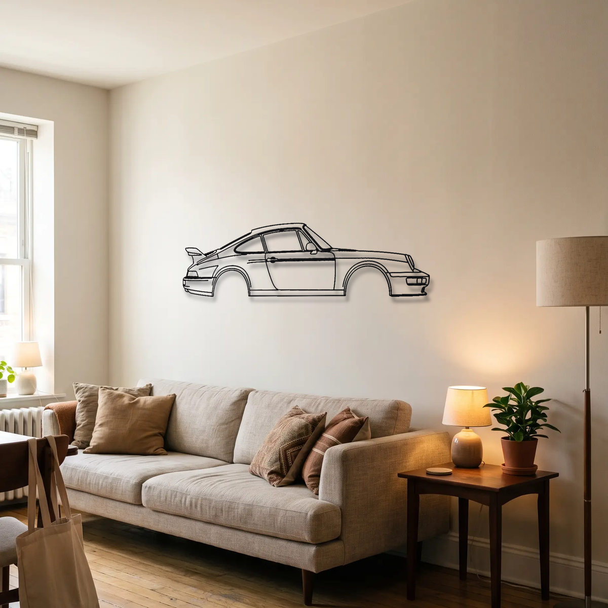 RUF RCT 964 metal wall art above a sofa in a living room