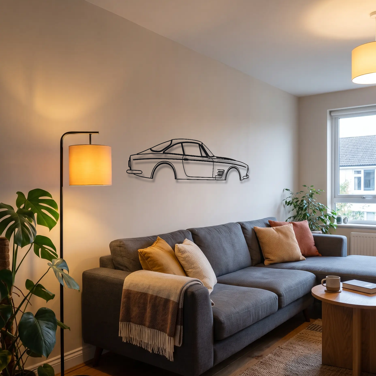 Ferrari 250 GT Lusso metal wall art above a sofa in a living room