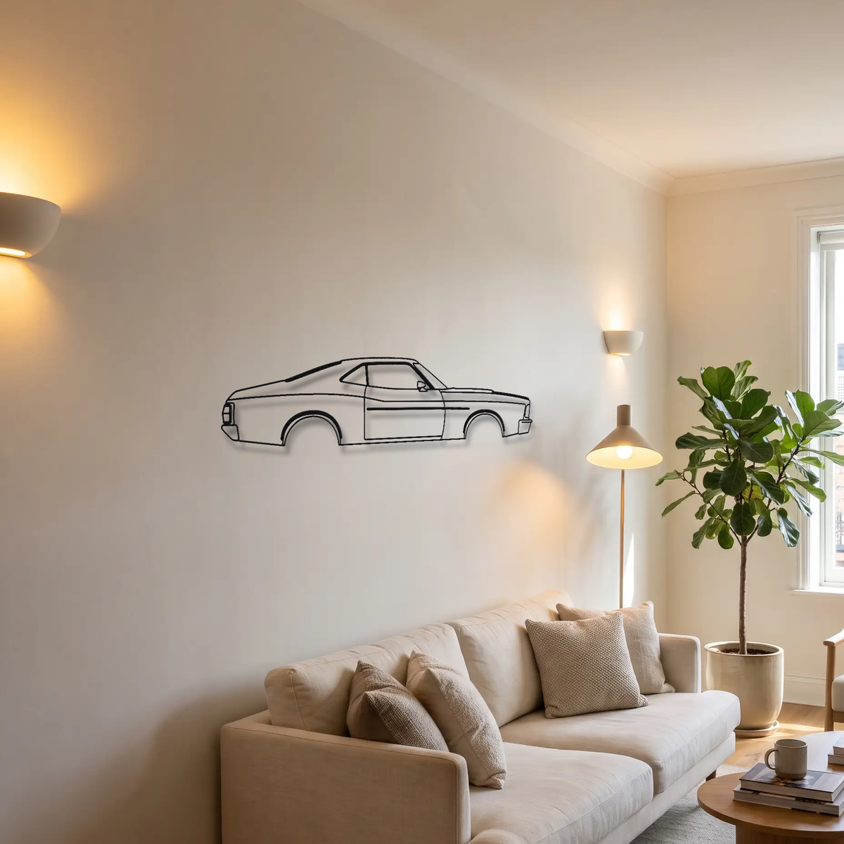 Ford Gran Torino metal wall art above a sofa in a living room