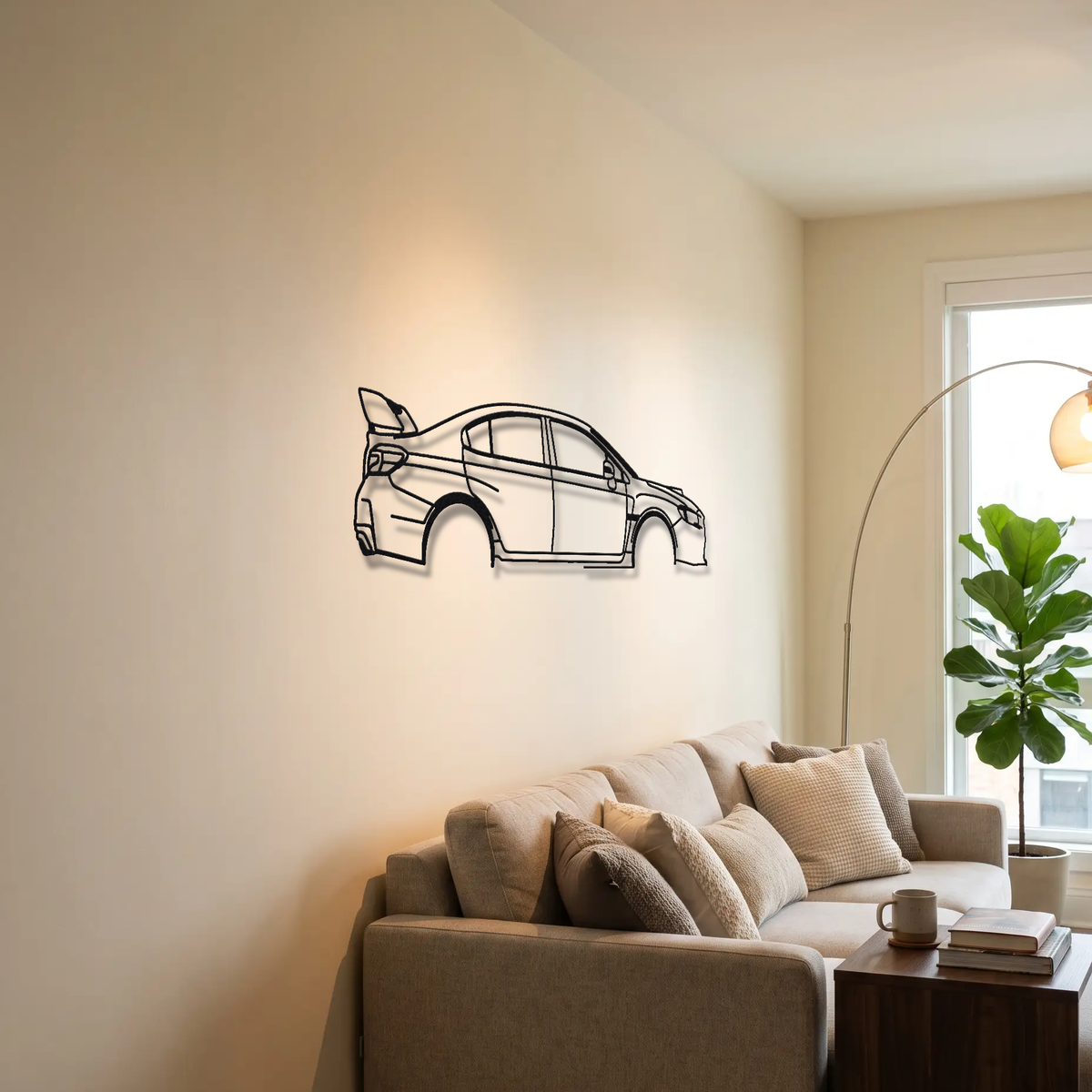 2018 Subaru WRX STI Type RA VA metal wall art above a sofa in a living room