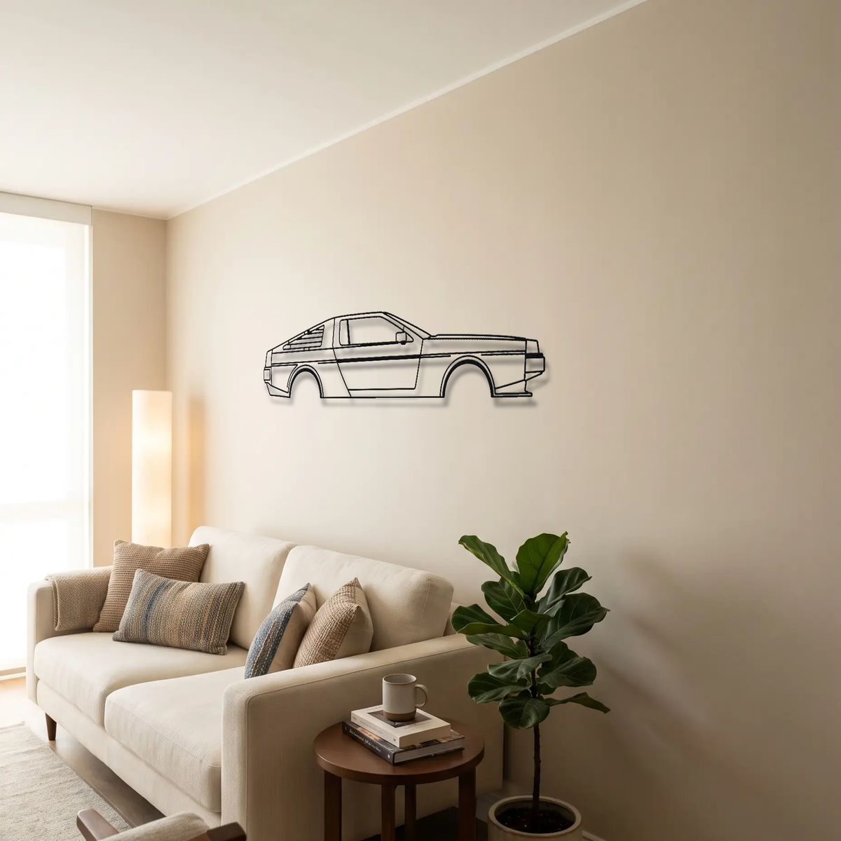 DeLorean DMC-12 metal wall art above a sofa in a living room