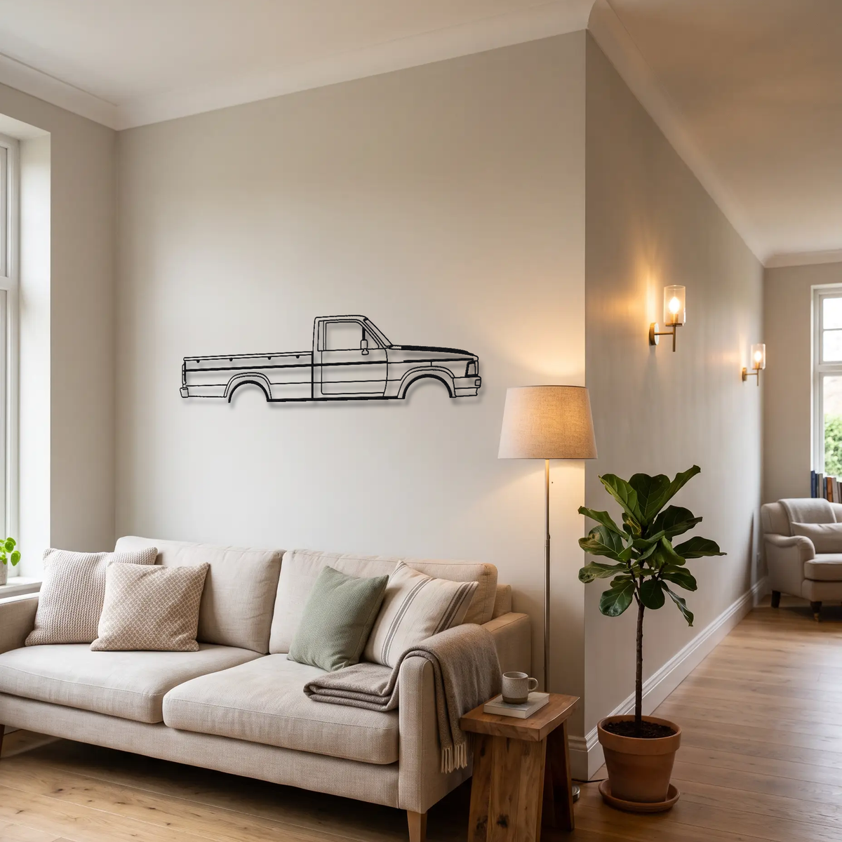 Toyota Hilux Gen 4 metal wall art above a sofa in a living room