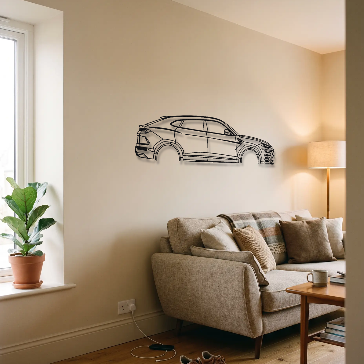Lamborghini Urus Pre-Facelift metal wall art above a sofa in a living room