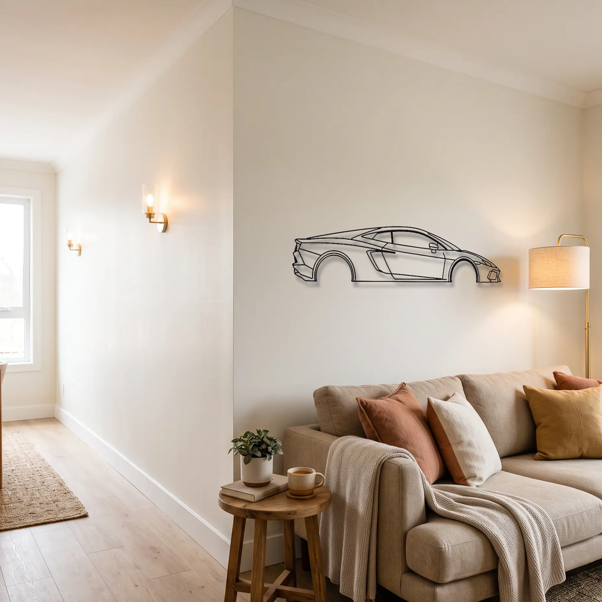 Lamborghini Silhouette metal wall art above a sofa in a living room