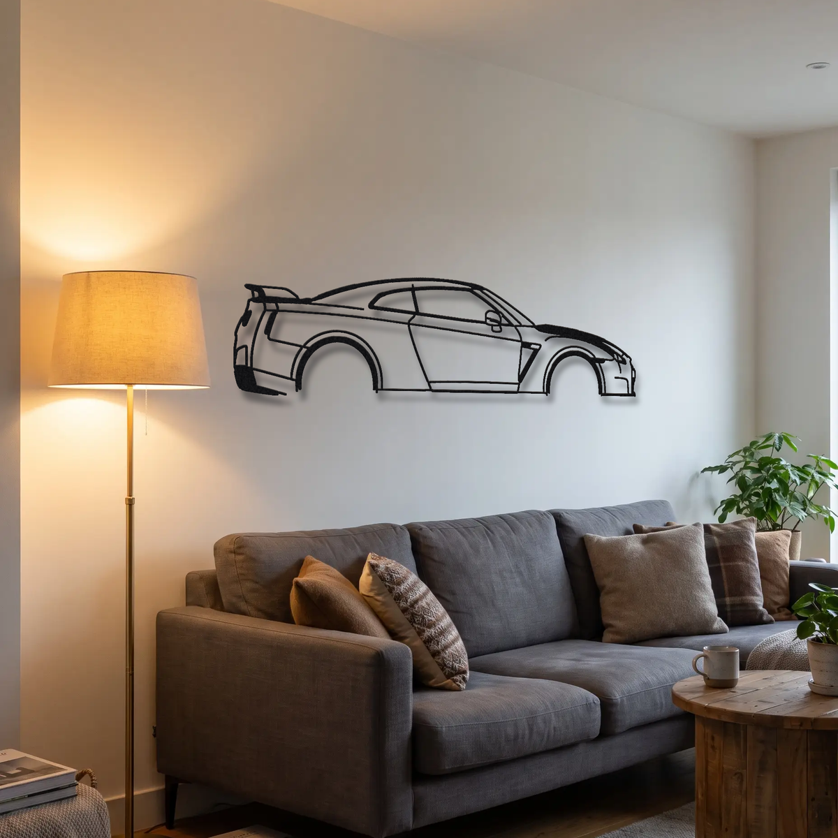 2014- Nissan GT-R Track Edition R35 metal wall art above a sofa in a living room