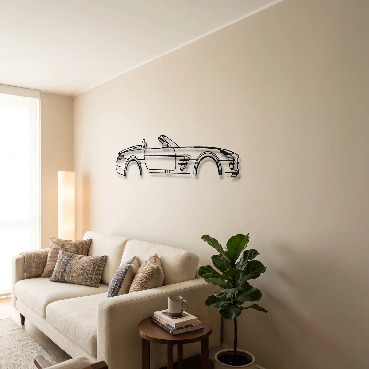 Mercedes-Benz SLS AMG Roadster metal wall art above a sofa in a living room