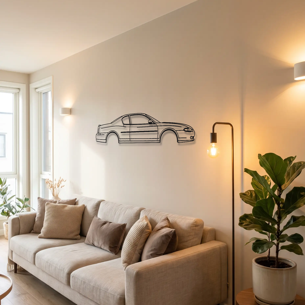 2000-2007 Chevrolet Monte Carlo SS metal wall art above a sofa in a living room