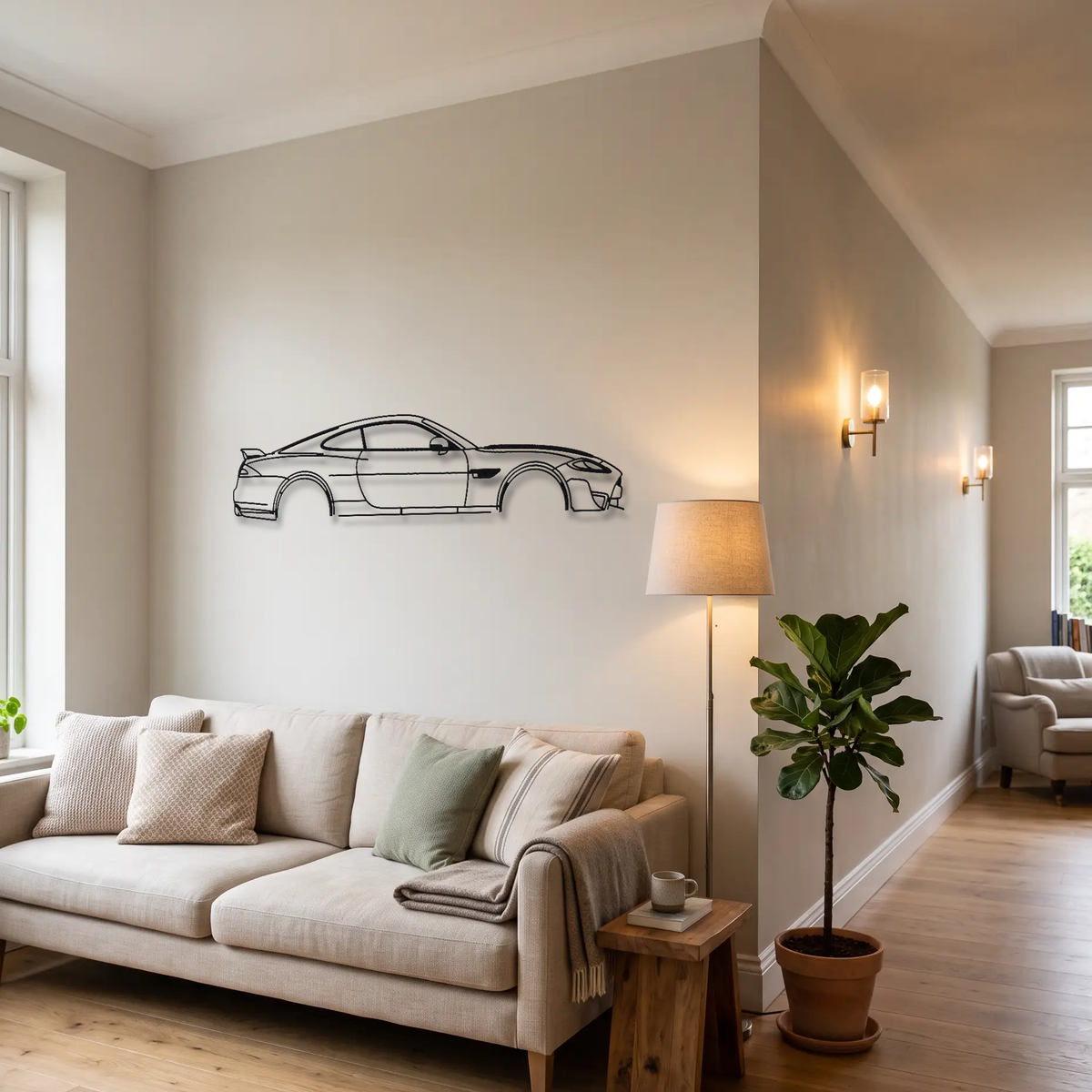 Jaguar XKR-S metal wall art above a sofa in a living room