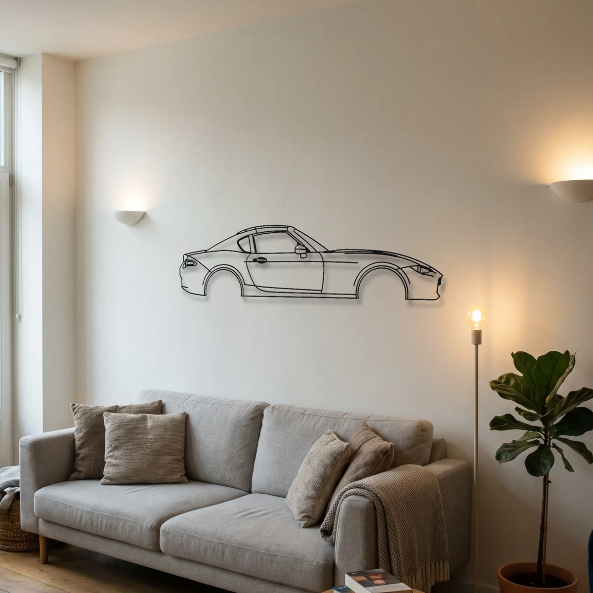 Mazda MX-5 Miata RF ND metal wall art above a sofa in a living room