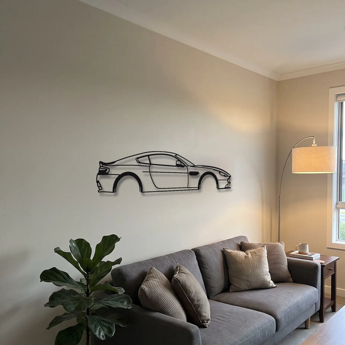 2014-16 Aston Martin V8 Vantage N430 metal wall art above a sofa in a living room
