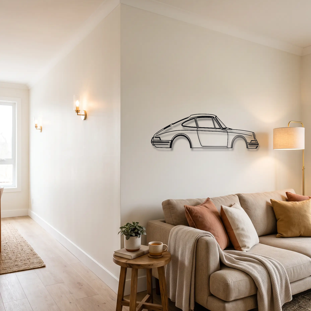 1964-1969 Porsche 911 metal wall art above a sofa in a living room