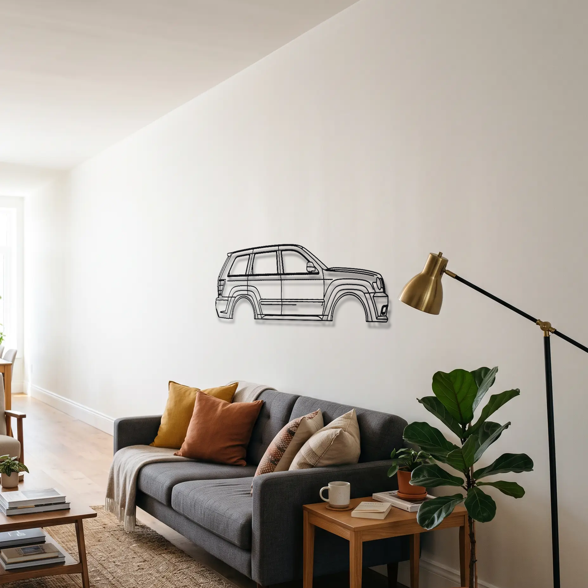 Jeep Grand Cherokee SRT8 WK metal wall art above a sofa in a living room