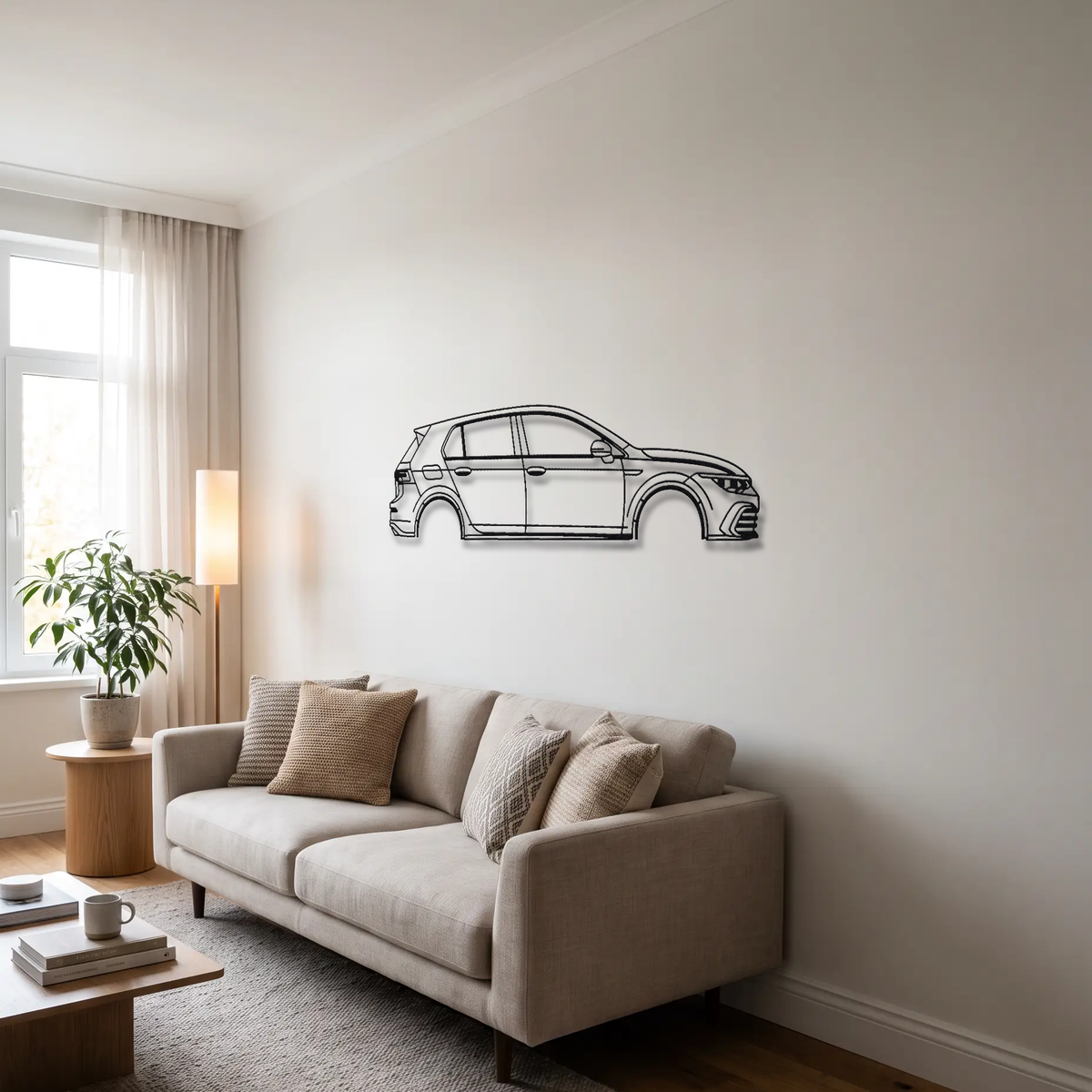 Volkswagen Golf GTI MK8 metal wall art above a sofa in a living room