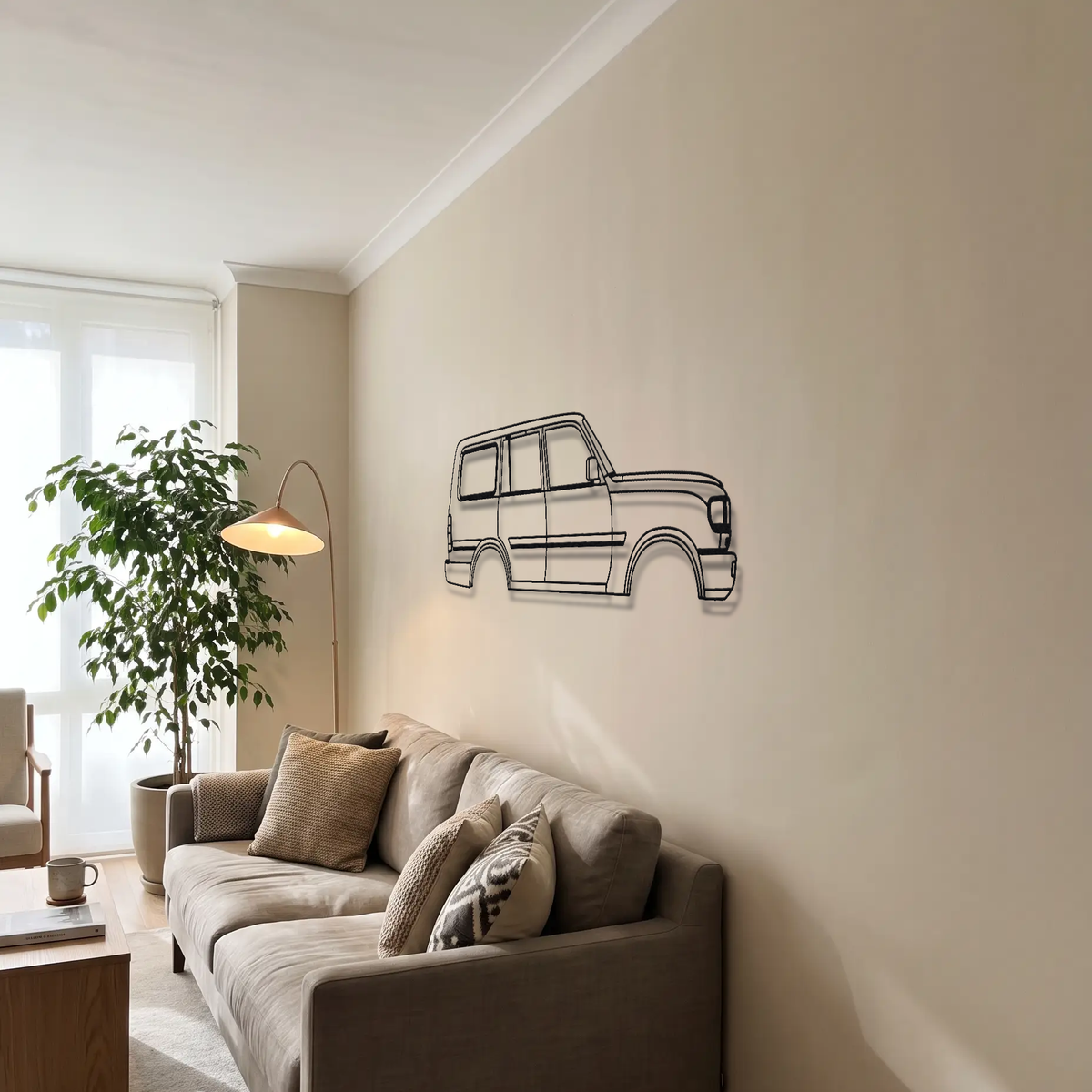 Toyota Land Cruiser J80 metal wall art above a sofa in a living room