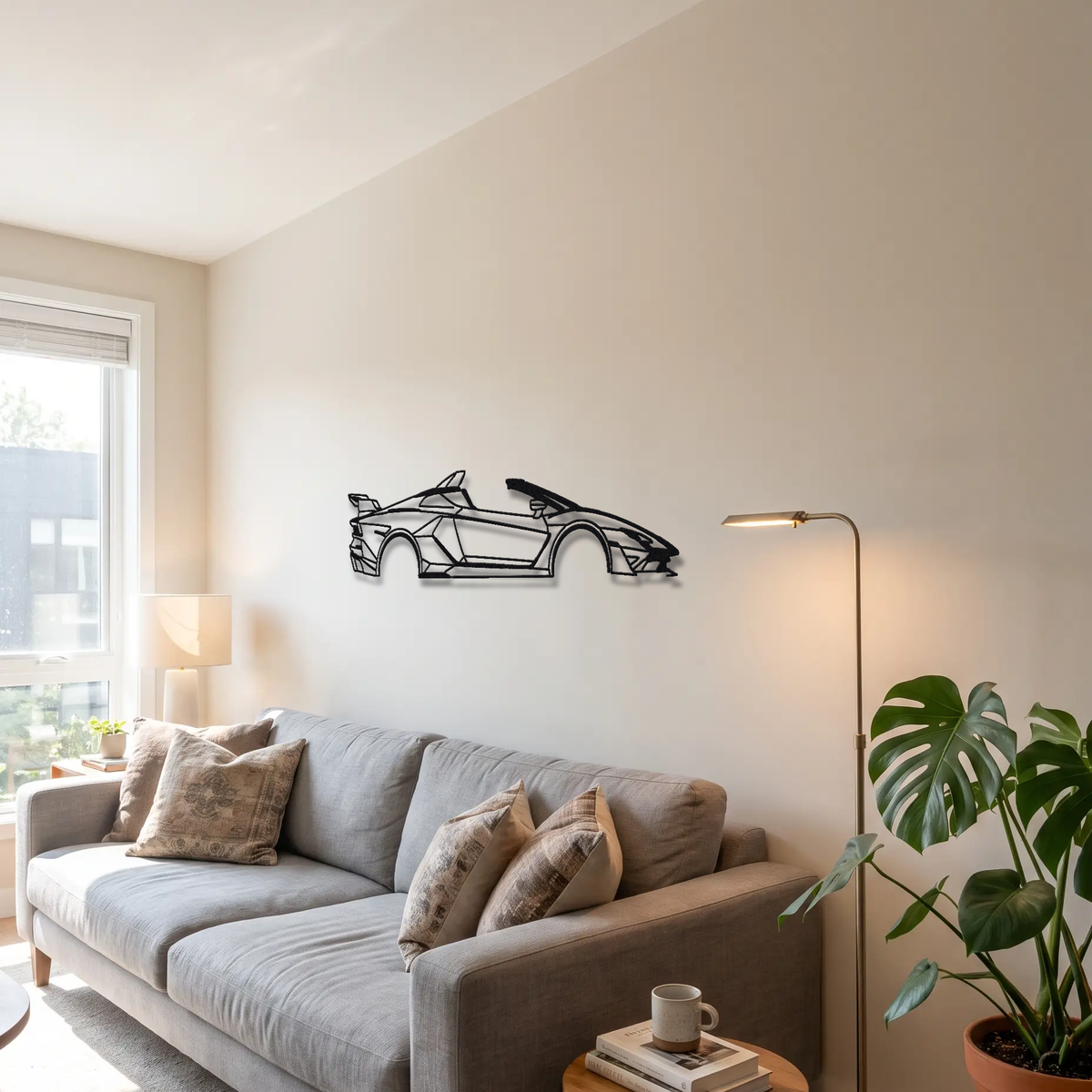 2020 Lamborghini SC20 One-off metal wall art above a sofa in a living room