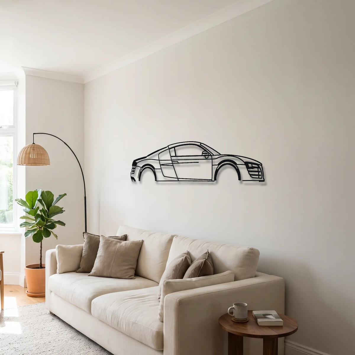 2014 Audi R8 LMX Gen 1 Type 42 metal wall art above a sofa in a living room