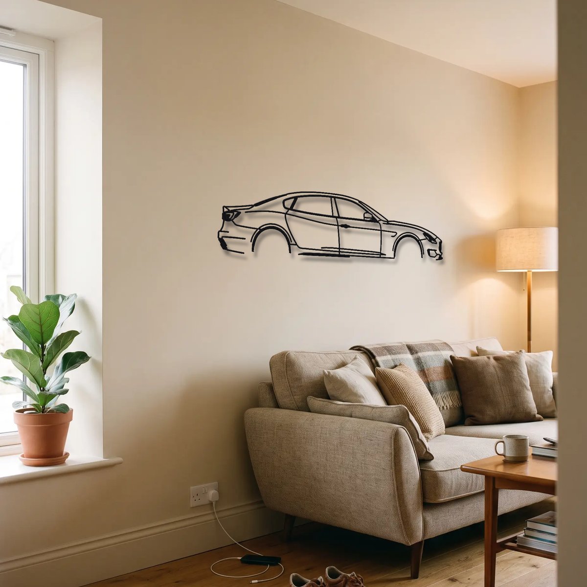 2013-23 Maserati Quattroporte GTS M156 metal wall art above a sofa in a living room