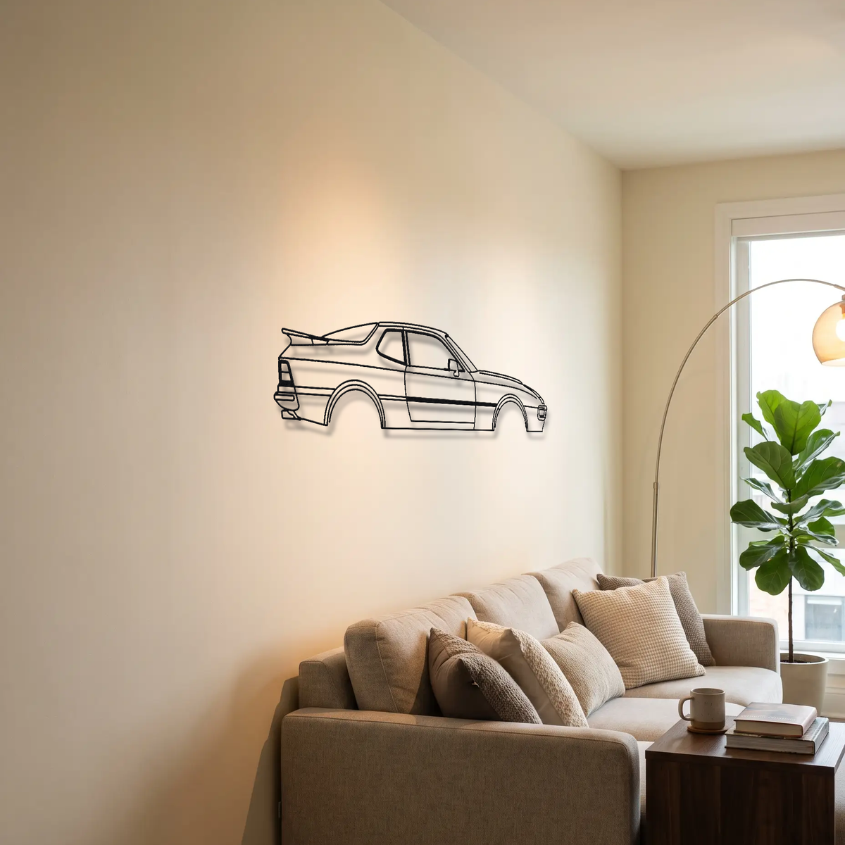Porsche 924 Carrera GT metal wall art above a sofa in a living room